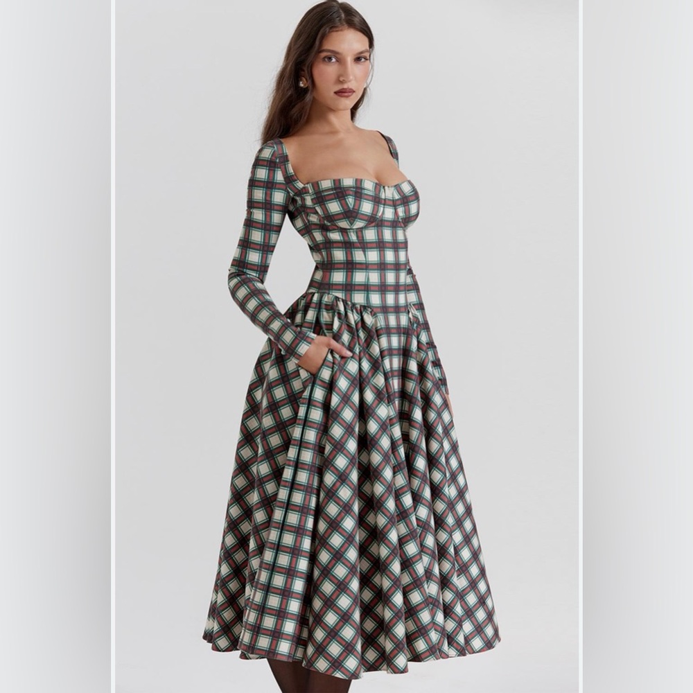 House of CB Eliza Red Tartan Corset Midi Dress NWT
